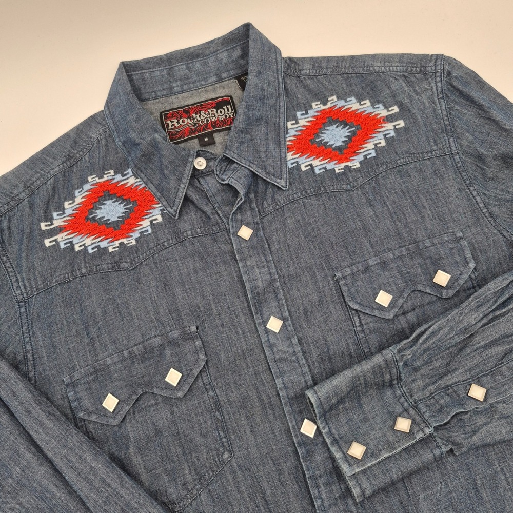 Rock and Roll Cowboy Mens Blue Embroidered Western Pearl Snap Shirt B2S3066 M
